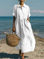 Women's short sleeve button-front vacation midi dress