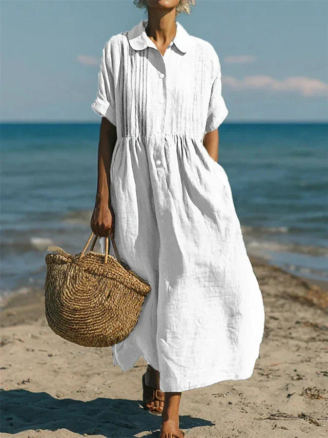 Women's short sleeve button-front vacation midi dress