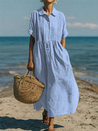 Women's short sleeve button-front vacation midi dress