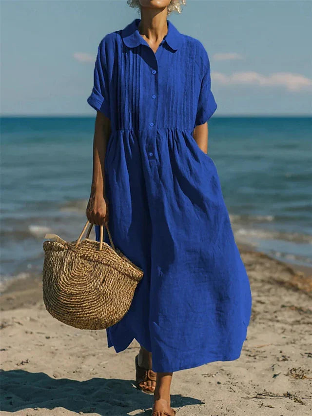 Women's short sleeve button-front vacation midi dress