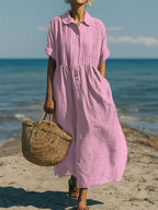 Women's short sleeve button-front vacation midi dress