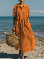 Women's short sleeve button-front vacation midi dress