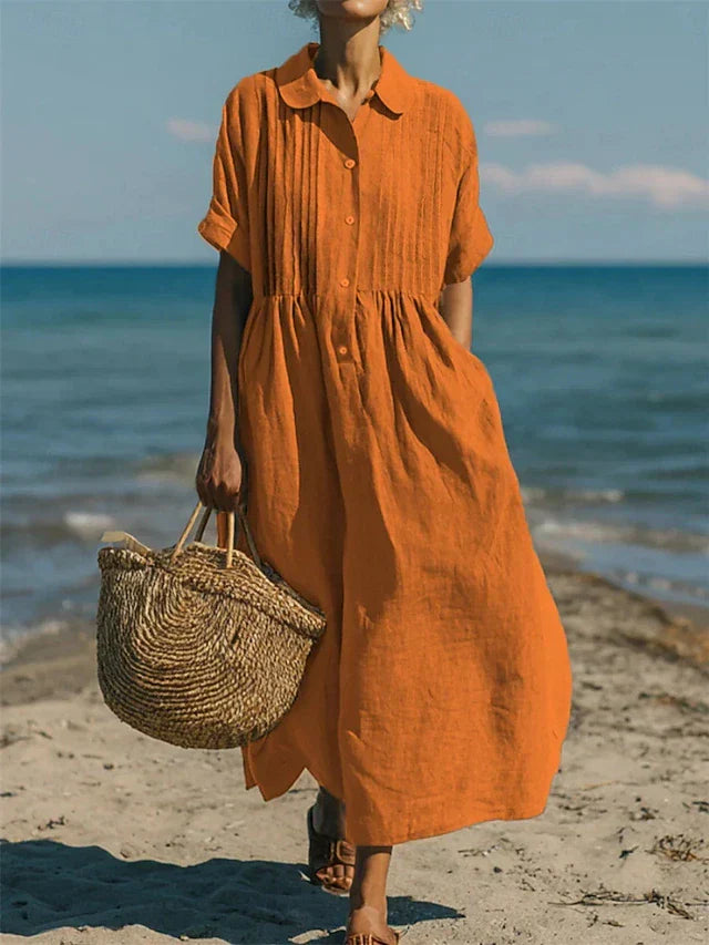 Women's short sleeve button-front vacation midi dress