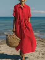 Women's short sleeve button-front vacation midi dress