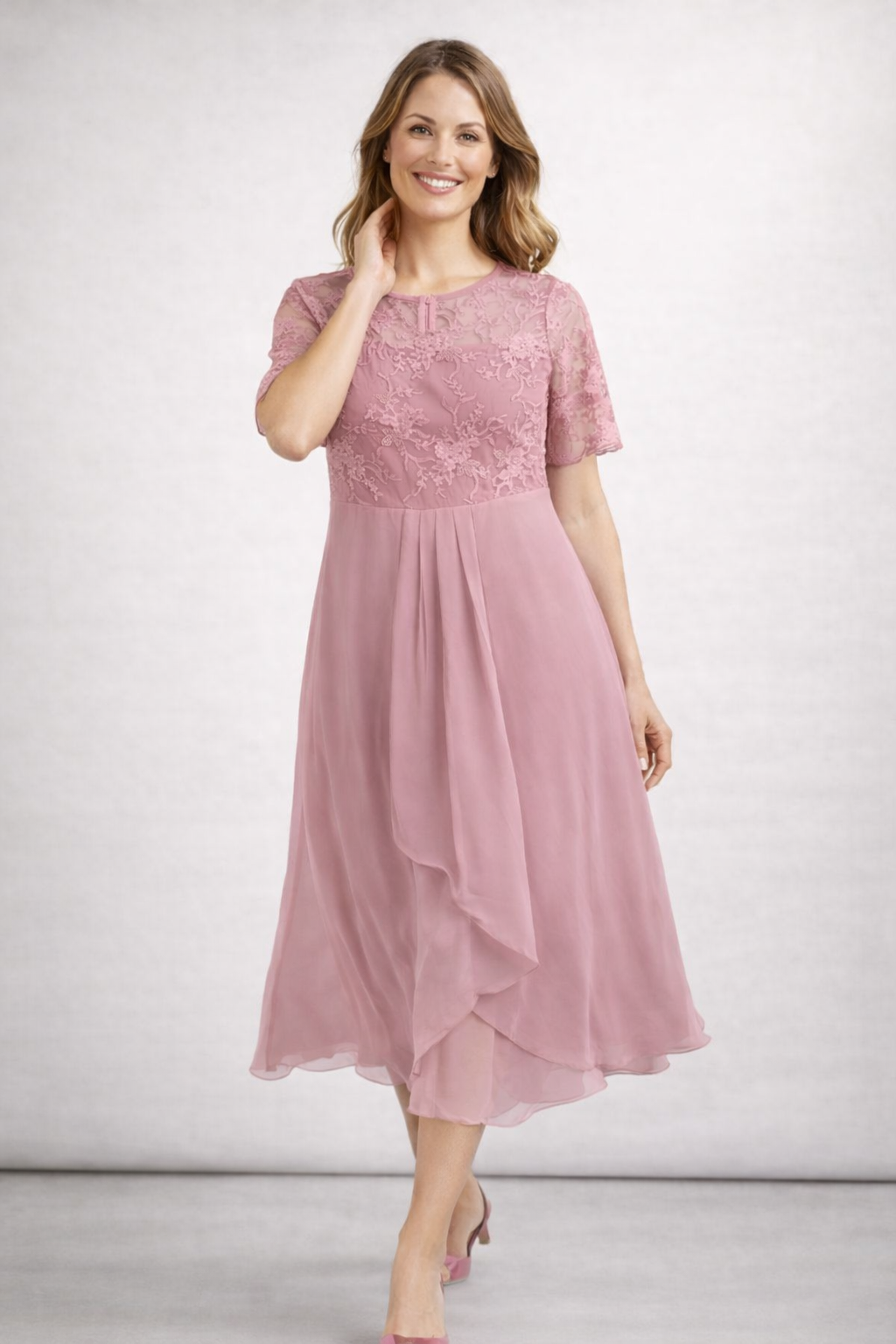 Women's short sleeve lace wedding guest midi dress