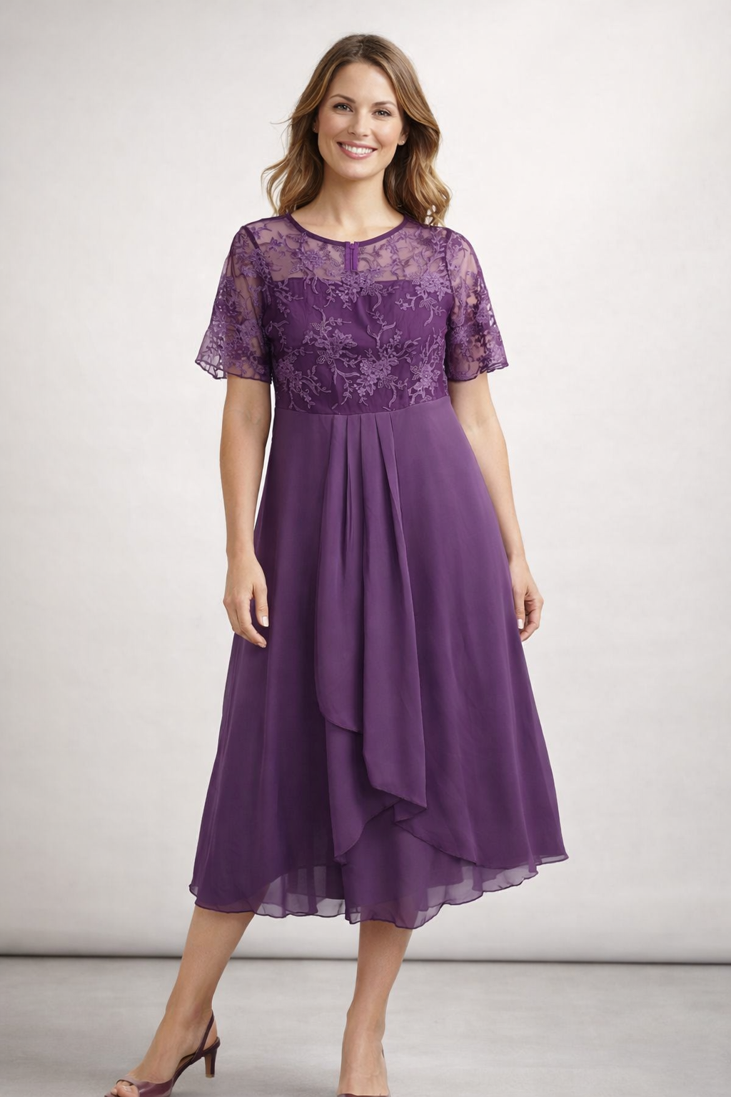 Women's short sleeve lace wedding guest midi dress