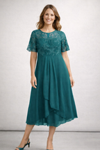 Women's short sleeve lace wedding guest midi dress