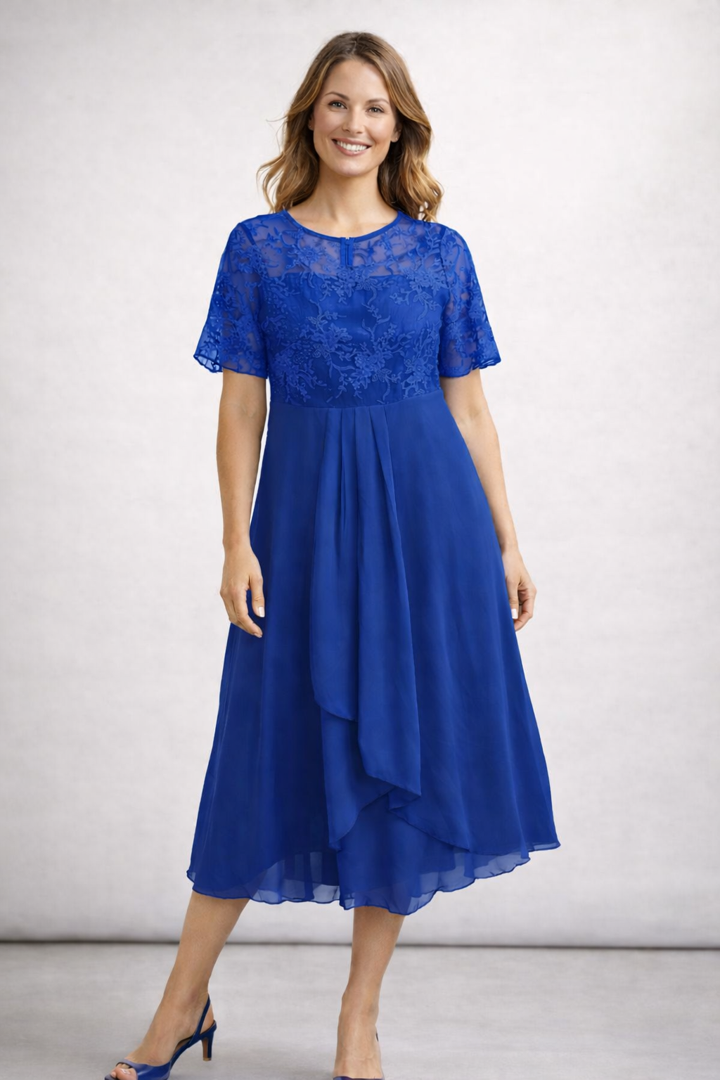 Women's short sleeve lace wedding guest midi dress