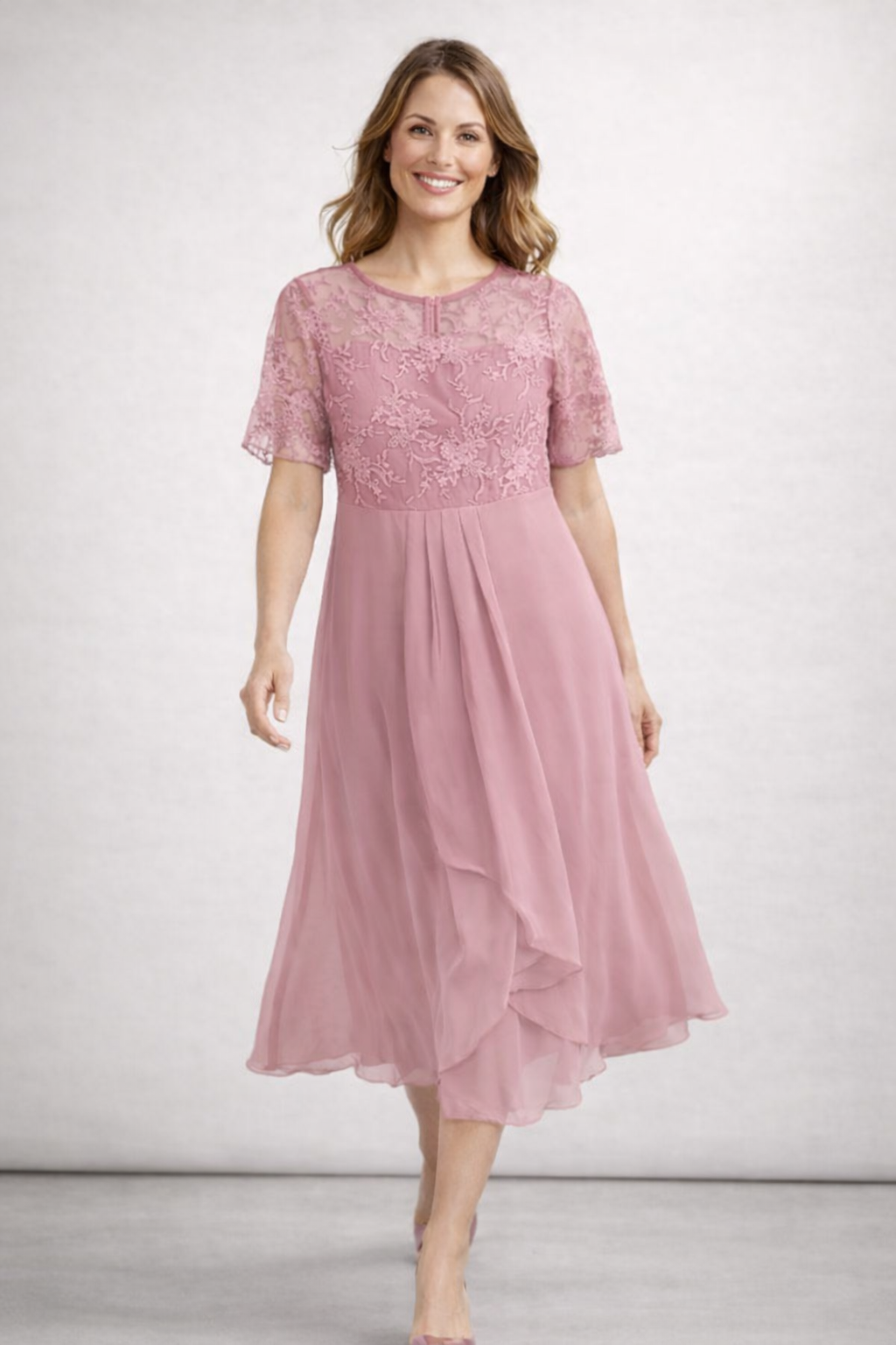 Women's short sleeve lace wedding guest midi dress
