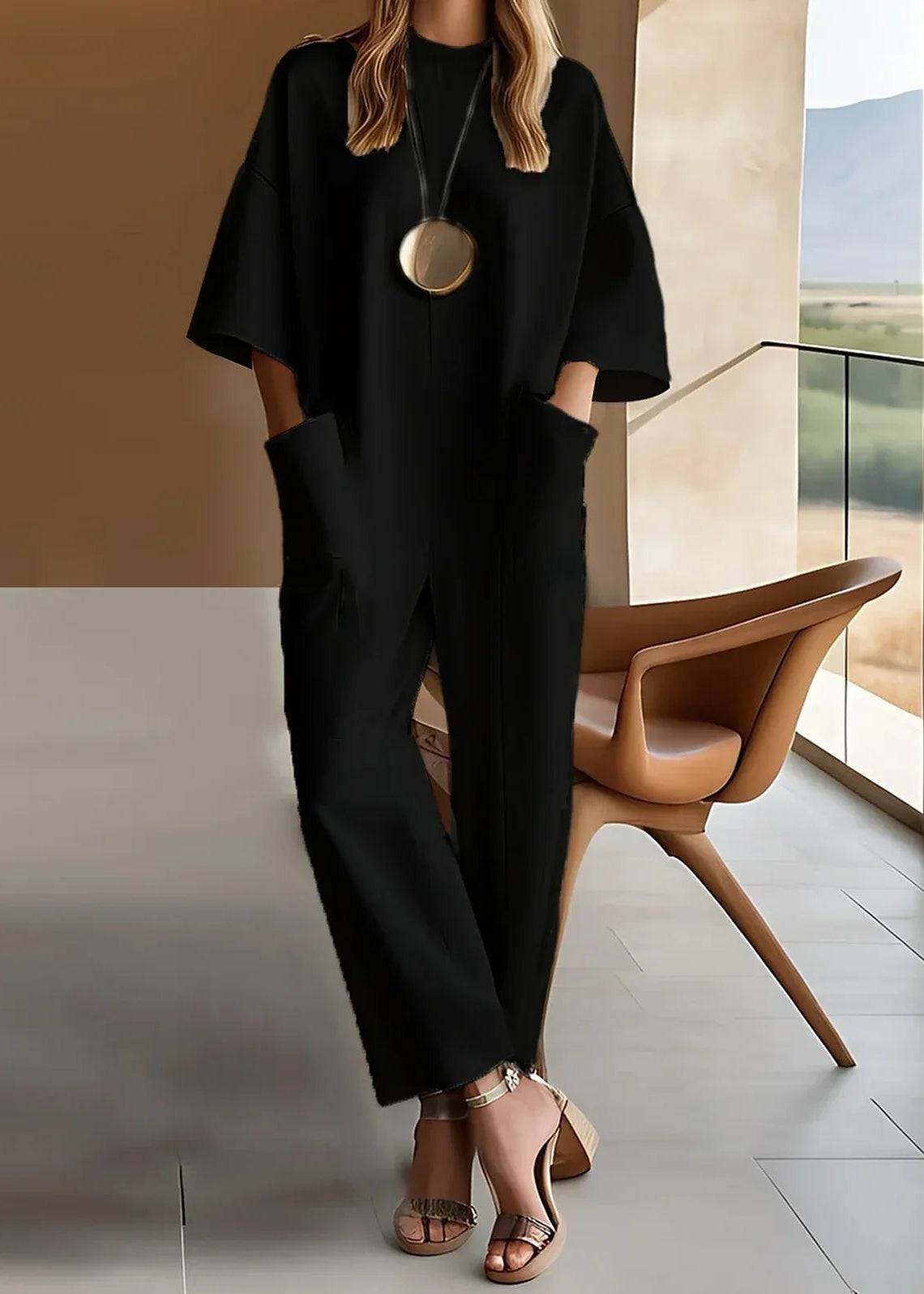 Women's short sleeve wide-leg brunch jumpsuit