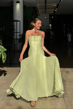 Women's strapless pleated wedding guest dress