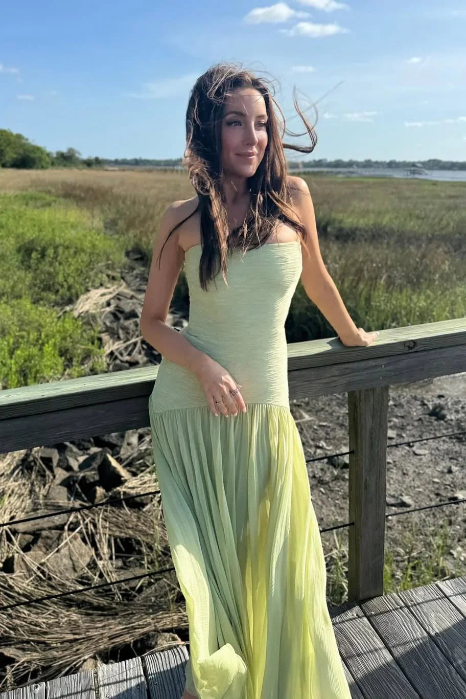 Women's strapless pleated wedding guest dress