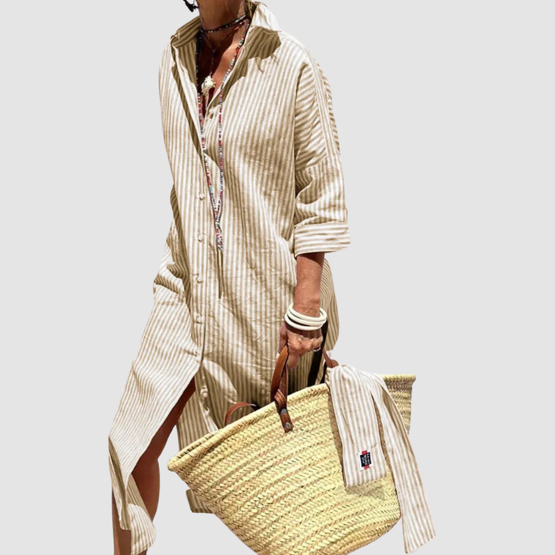 Women's striped button-front midi shirt dress