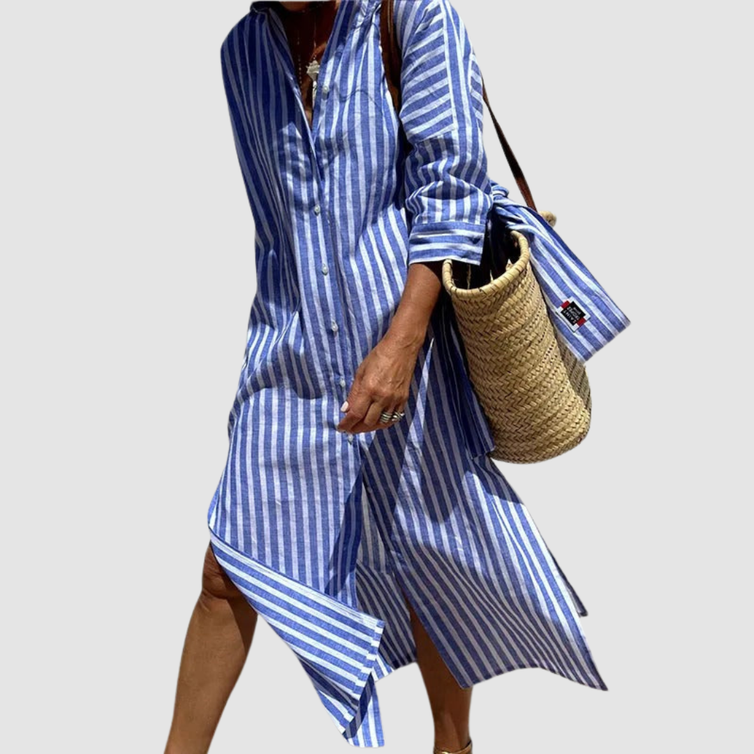 Women's striped button-front midi shirt dress