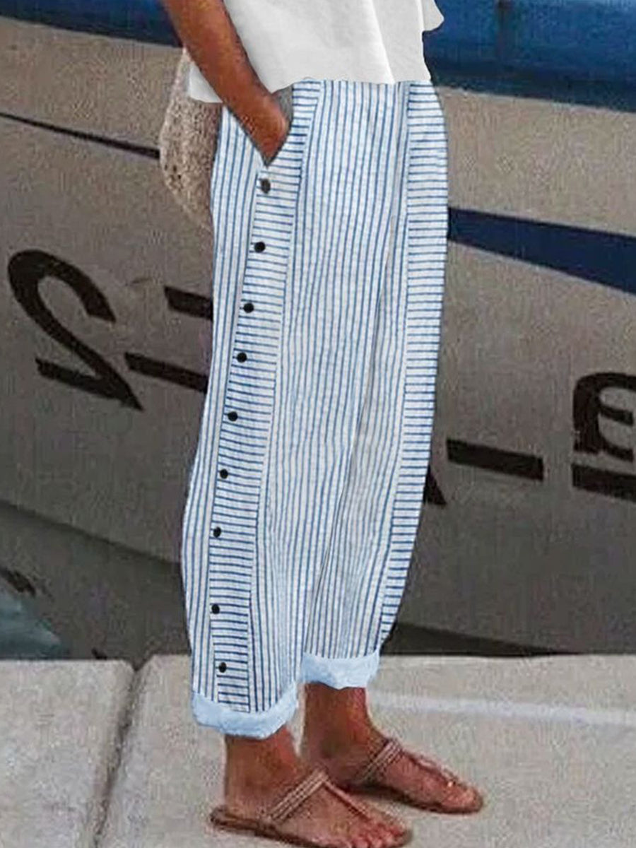 Women's striped side-button vacation trousers