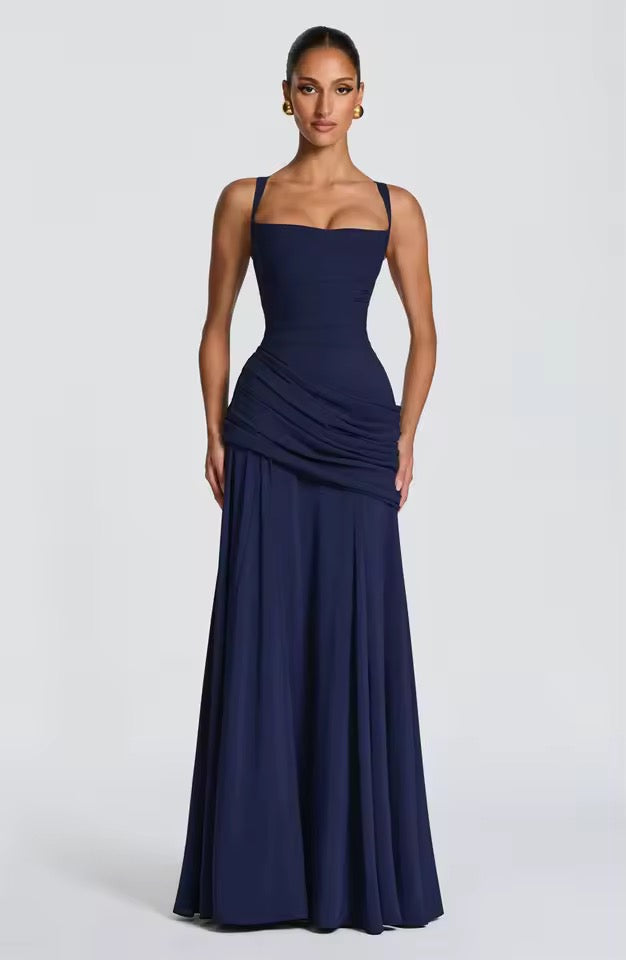 Women's sweetheart neck asymmetric ruched wedding guest maxi dress