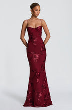 Women's sweetheart-neck floral appliqué evening dress