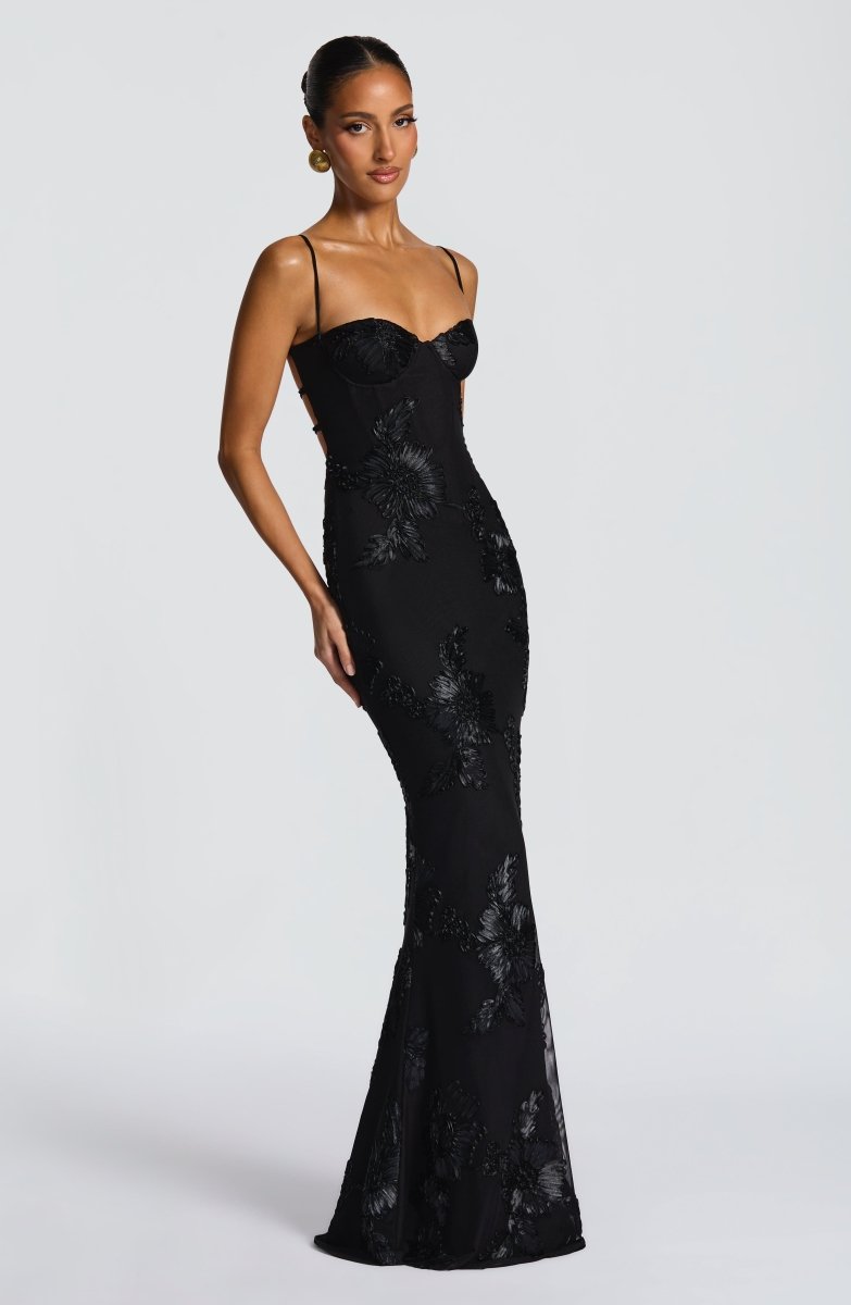 Women's sweetheart-neck floral appliqué evening dress