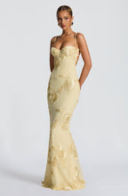 Women's sweetheart-neck floral appliqué evening dress