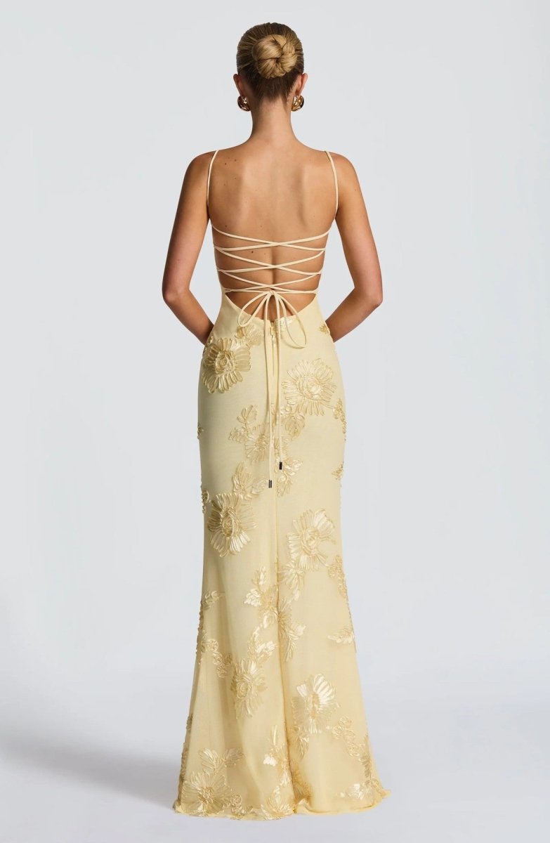 Women's sweetheart-neck floral appliqué evening dress