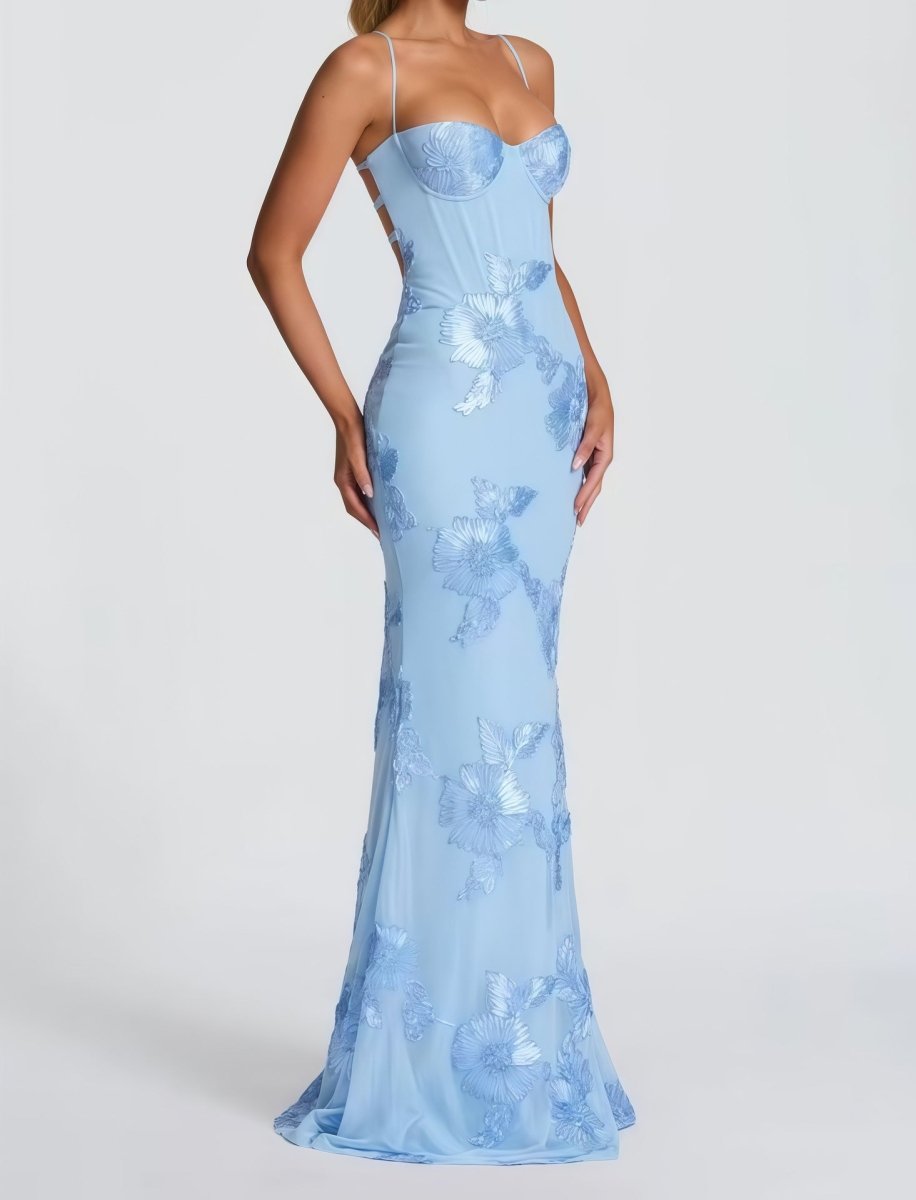Women's sweetheart-neck floral appliqué evening dress