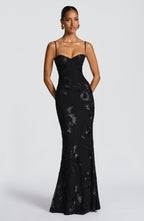 Women's sweetheart-neck floral appliqué evening dress