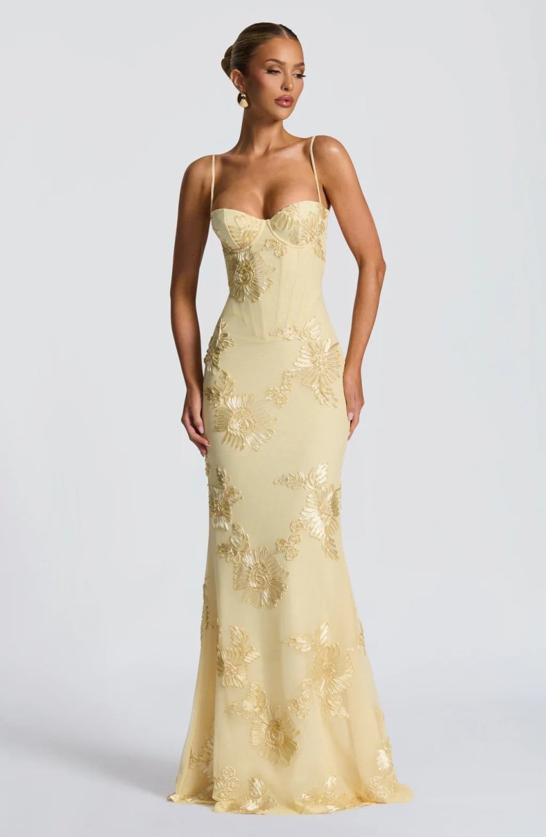 Women's sweetheart-neck floral appliqué evening dress