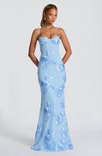 Women's sweetheart-neck floral appliqué evening dress