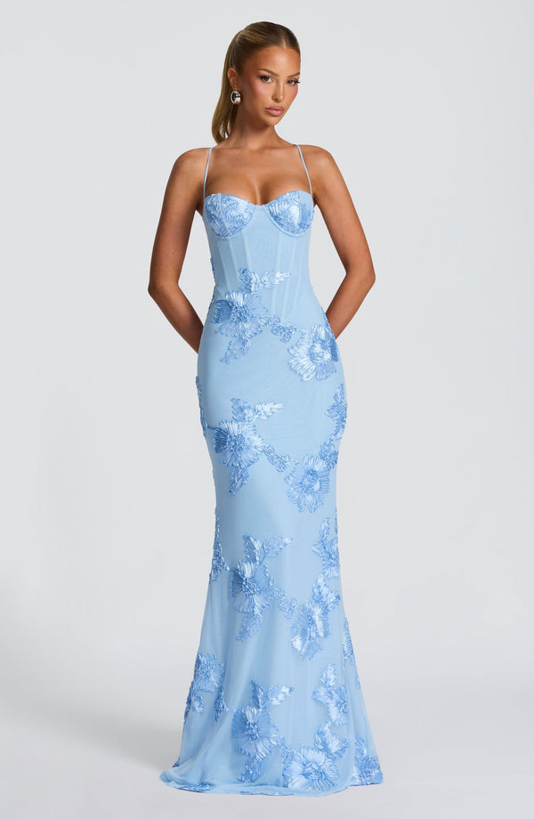 Women's sweetheart-neck floral appliqué evening dress