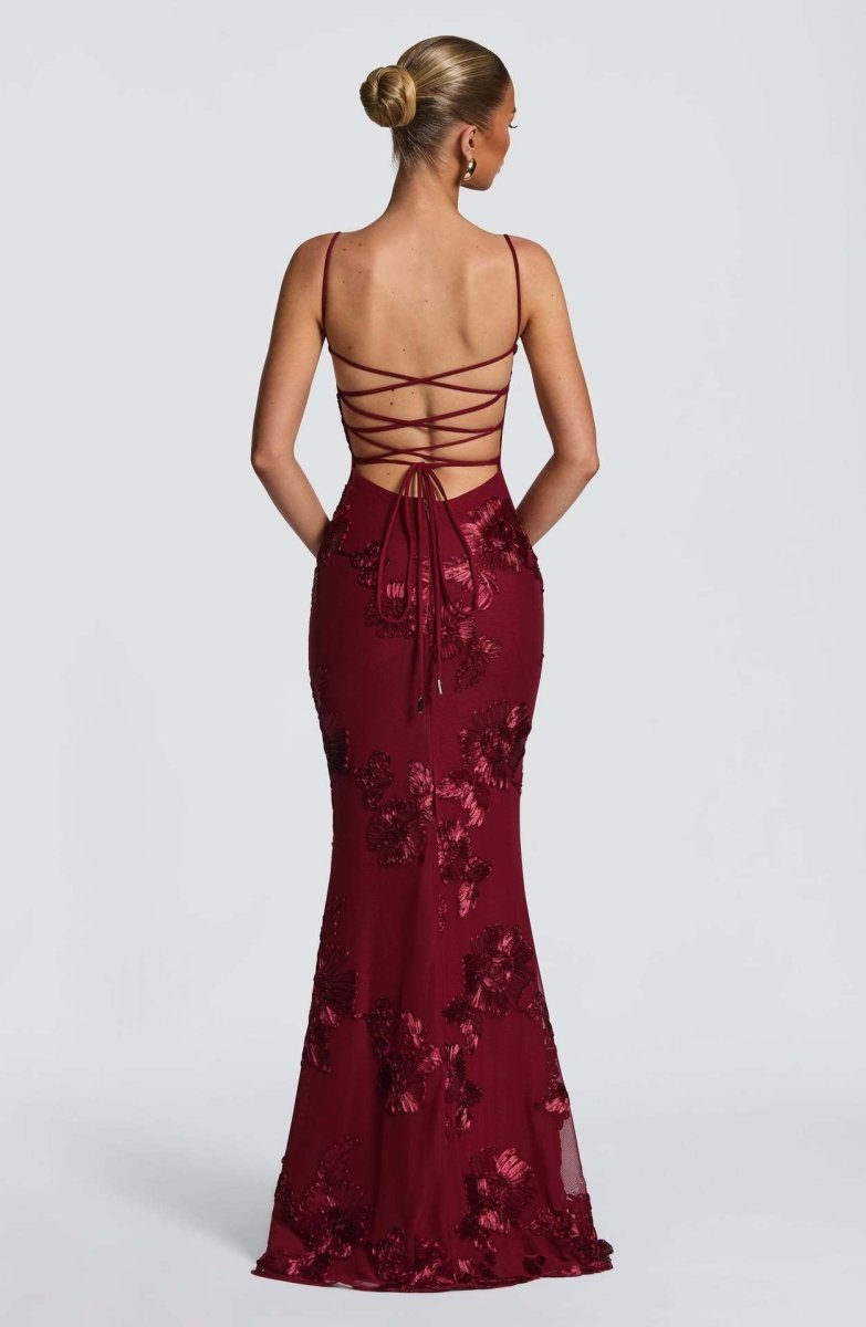 Women's sweetheart-neck floral appliqué evening dress