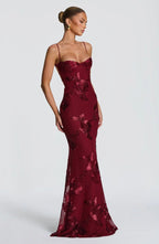 Women's sweetheart-neck floral appliqué evening dress