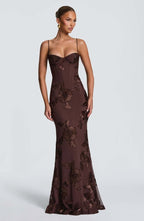 Women's sweetheart-neck floral appliqué evening dress