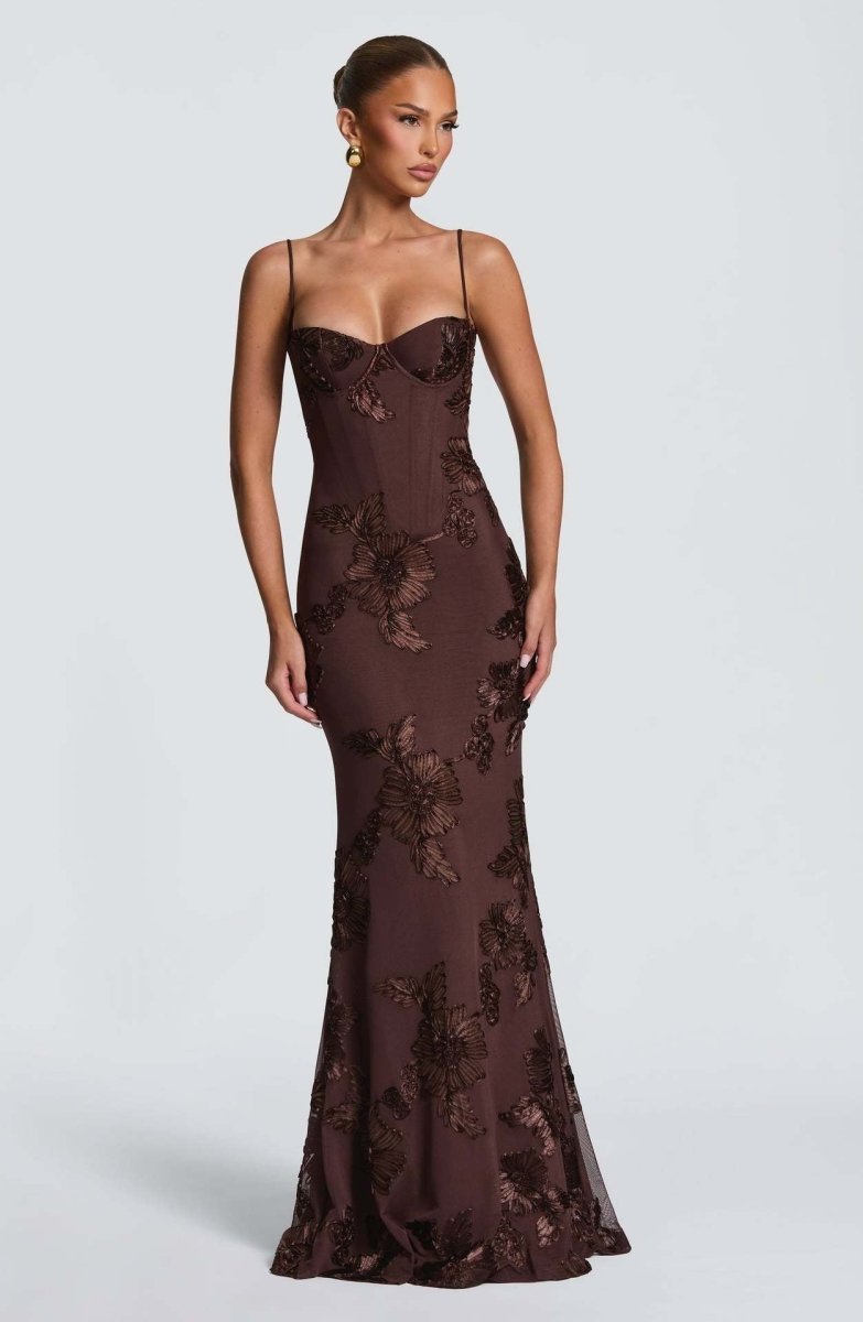 Women's sweetheart-neck floral appliqué evening dress