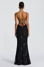 Women's sweetheart-neck floral appliqué evening dress