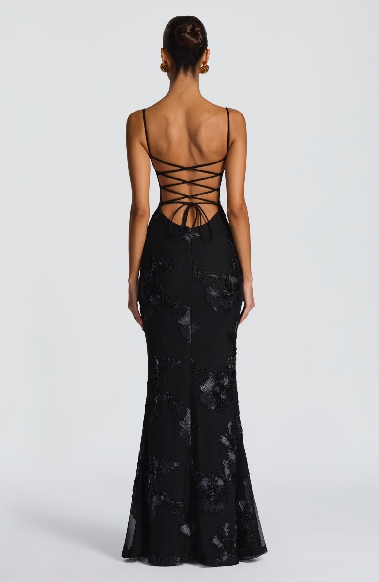 Women's sweetheart-neck floral appliqué evening dress
