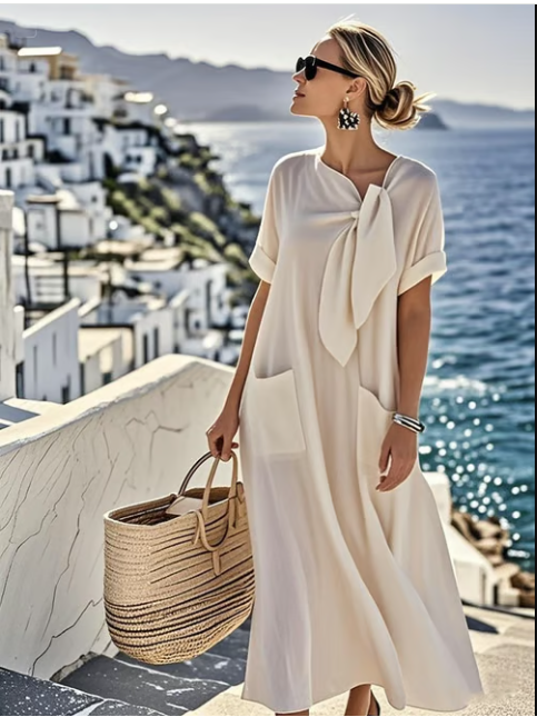 Women's tie neck short sleeve maxi dress