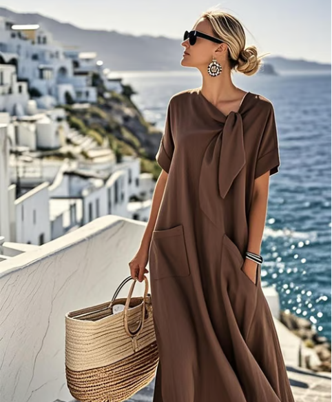 Women's tie neck short sleeve maxi dress