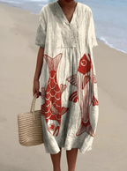 Women's v-neck patchwork midi vacation dress