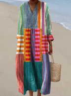 Women's v-neck patchwork midi vacation dress