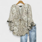 Women's v-neck ruffle sleeve printed blouse
