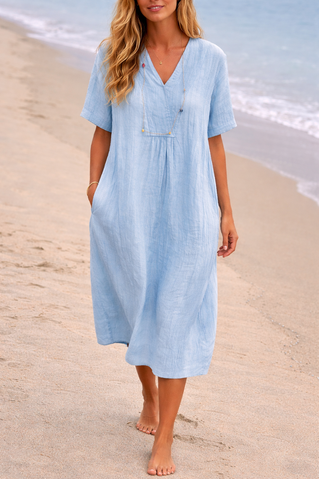 Women's v-neck short sleeve vacation midi dress