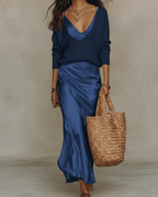 Women's v-neck slip maxi dress and sweater set