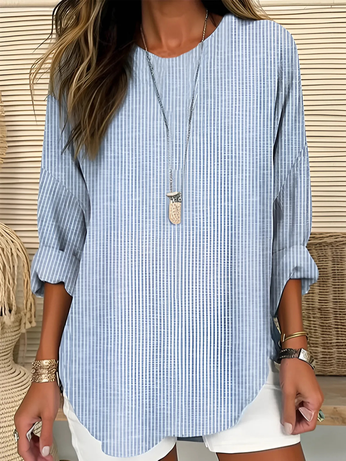 Women's vertical stripe round neck summer blouse