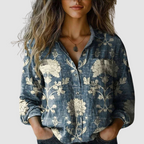 Women's vintage print spread-collar weekend blouse