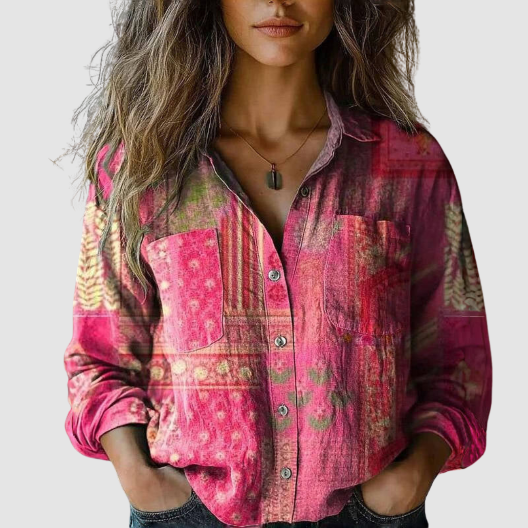 Women's vintage print spread-collar weekend blouse