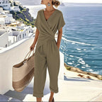 Women's wrap front short sleeve vacation jumpsuit