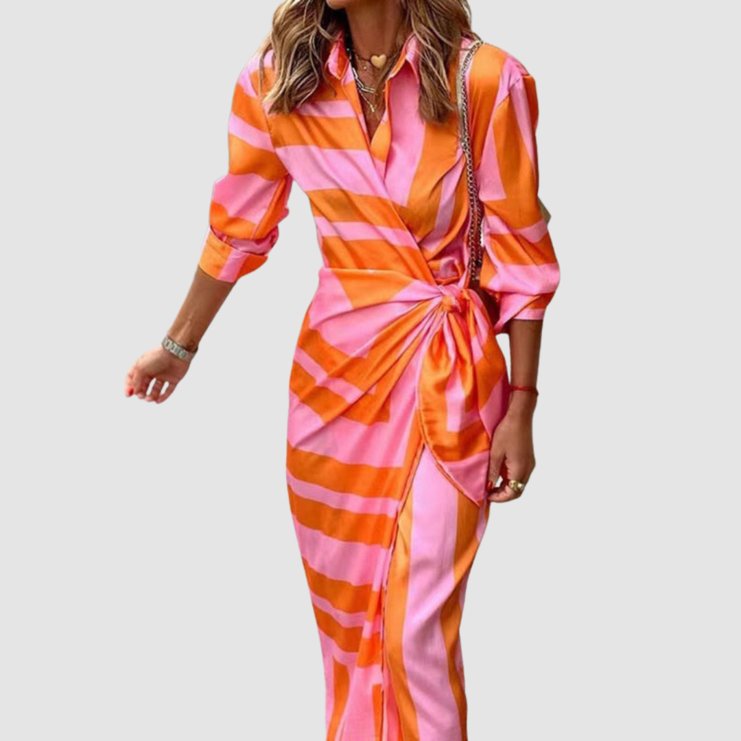 Women's wrap midi shirt dress with tie-waist