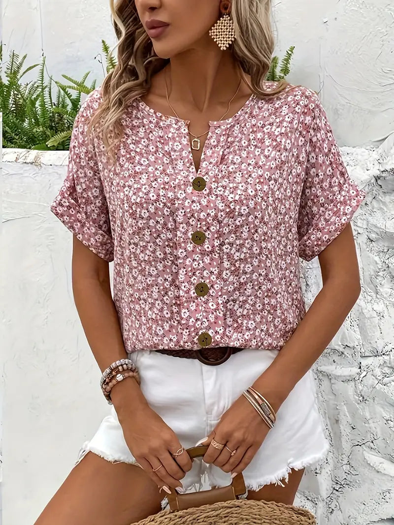 Women's Floral Print Blouse | Button Front Short Sleeve-5