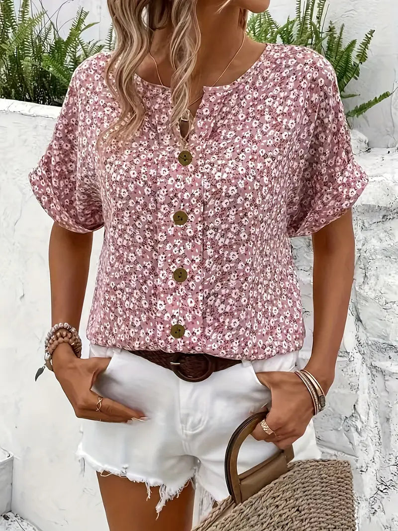 Women's Floral Print Blouse | Button Front Short Sleeve-4
