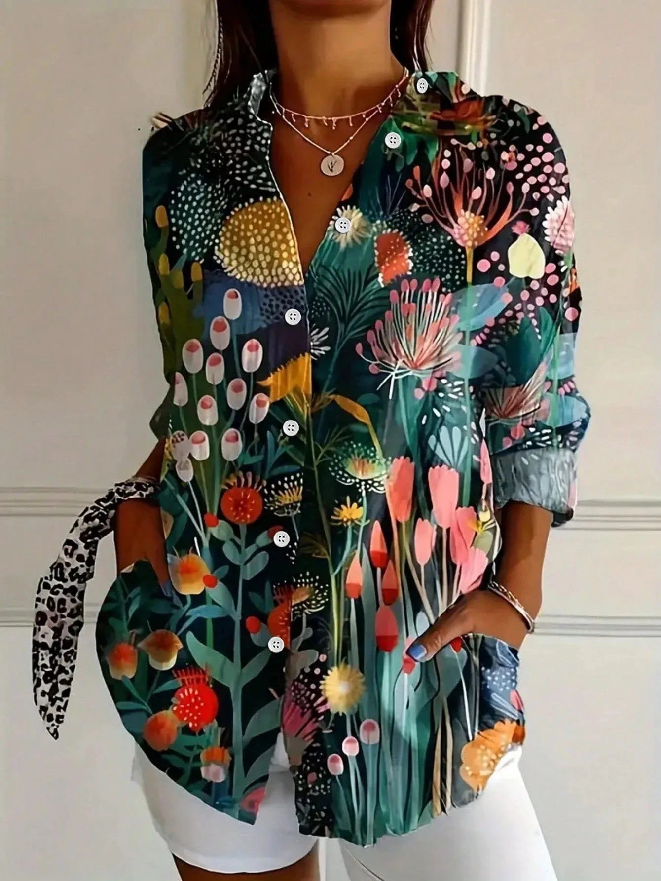 Women's Floral Print Blouse | Button-Down Rolled Sleeve-3